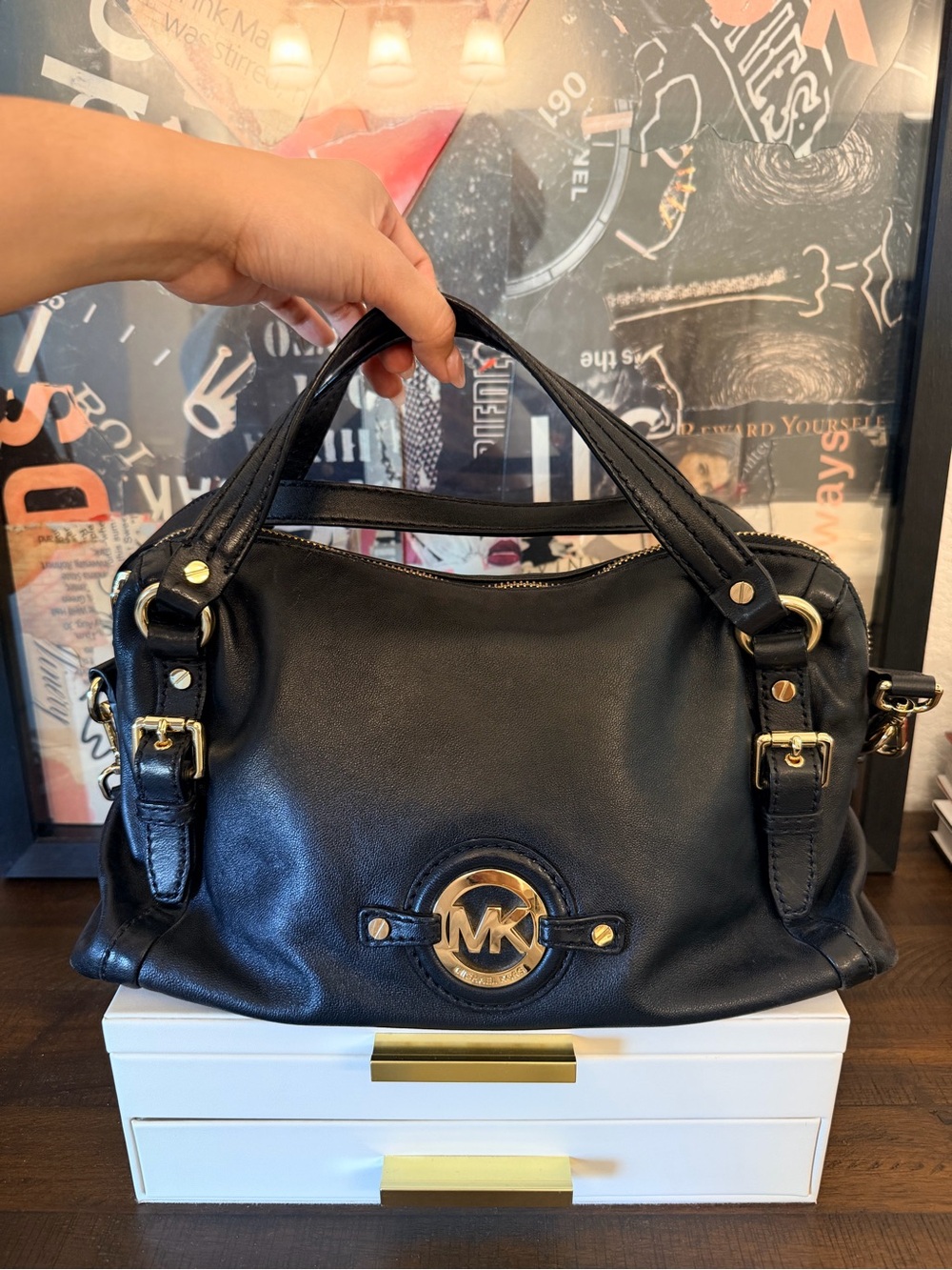 Michael Kors Black Leather Shoulder Bag with Gold Hardware